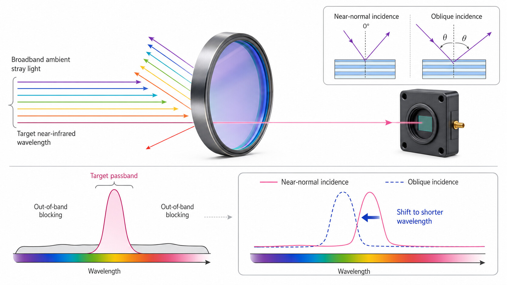 Narrow bandpass filter transmission and angle-of-incidence shift