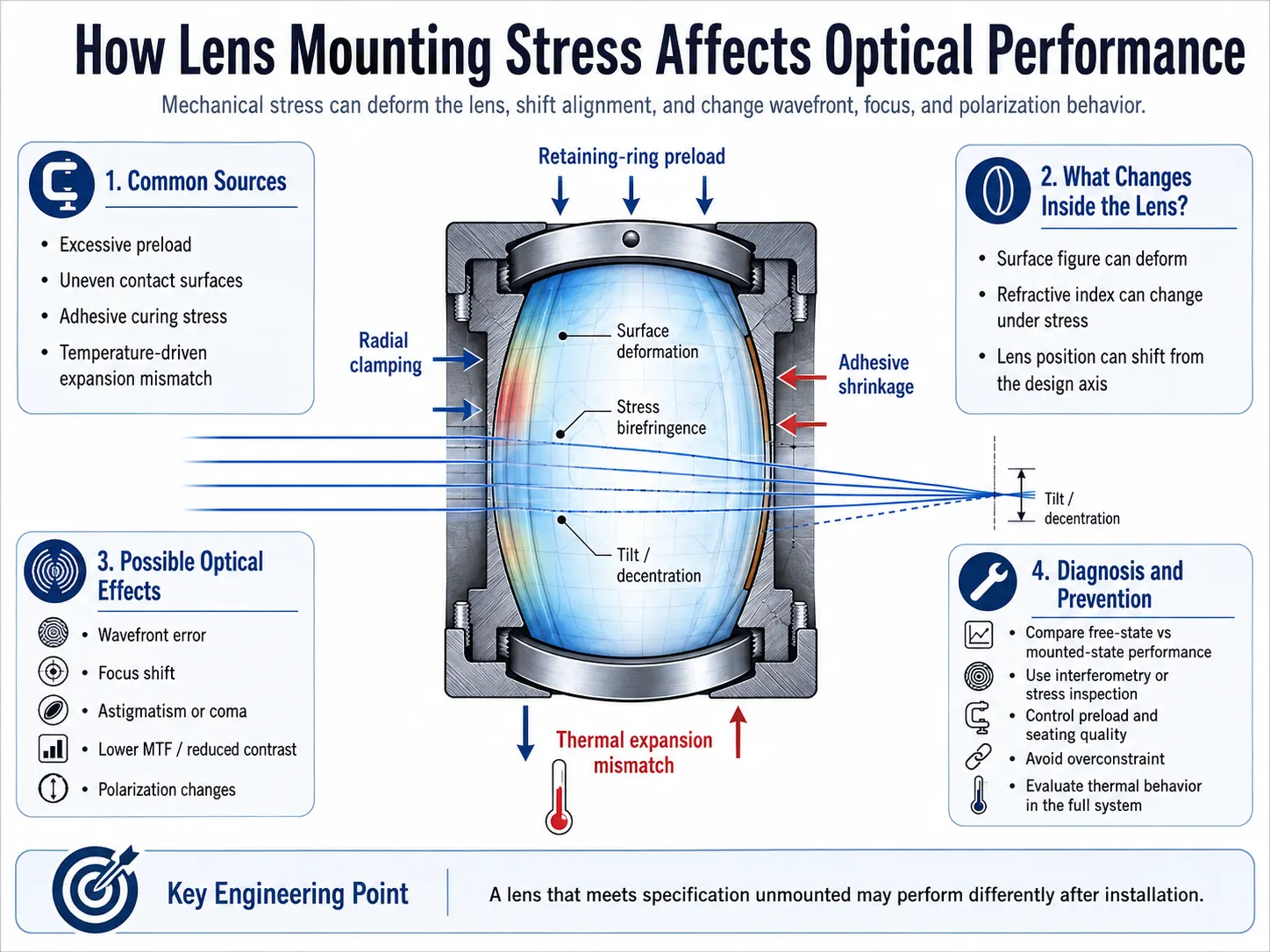 Diagram showing how lens mounting stress affects wavefront, focus, alignment and polarization
