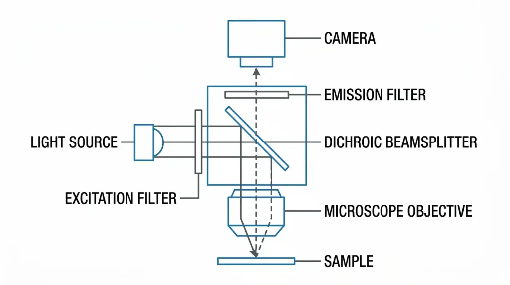 fluorescence filter set spectra showing exciter passband, dichroic edge, and emitter passband at the crossover point