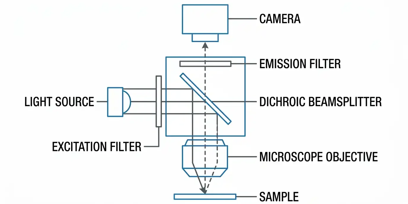 fluorescence filter set spectra showing exciter passband, dichroic edge, and emitter passband at the crossover point