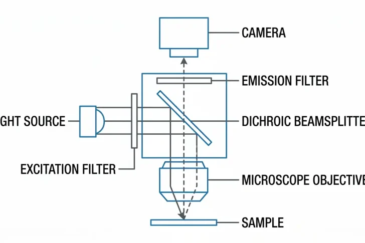 fluorescence filter set spectra showing exciter passband, dichroic edge, and emitter passband at the crossover point
