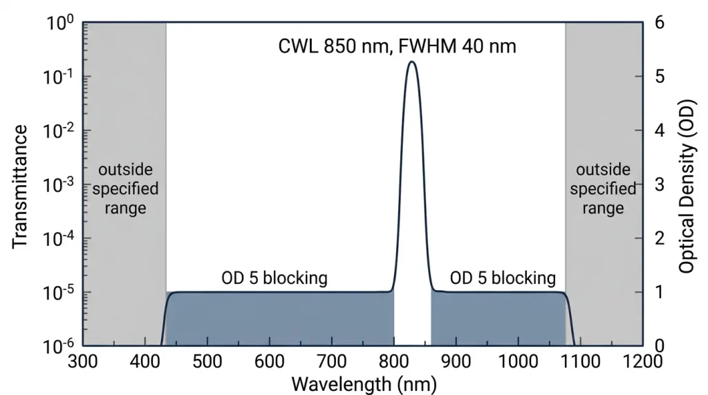 how to specify od blocking range for a bandpass filter