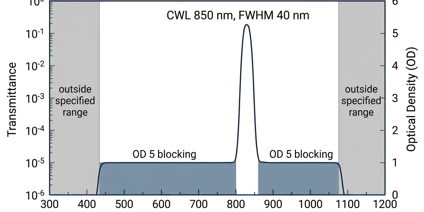 how to specify od blocking range for a bandpass filter