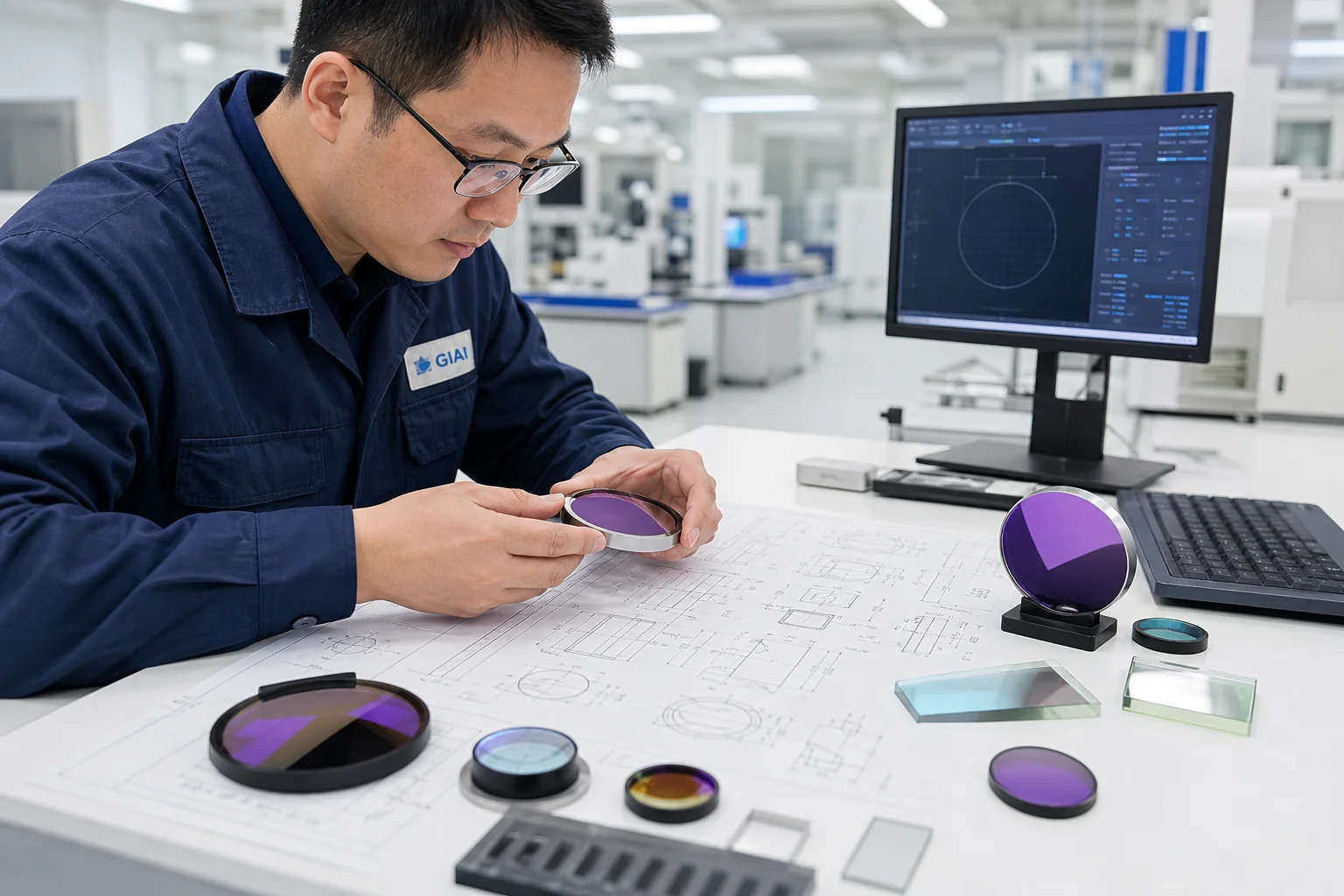 Optical engineer reviewing a drawing and specification for a custom optical component