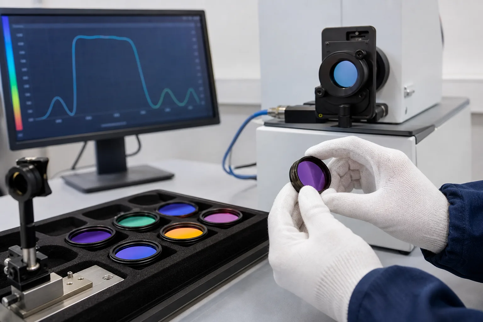 Spectral verification of coated optical filters in an optical measurement environment
