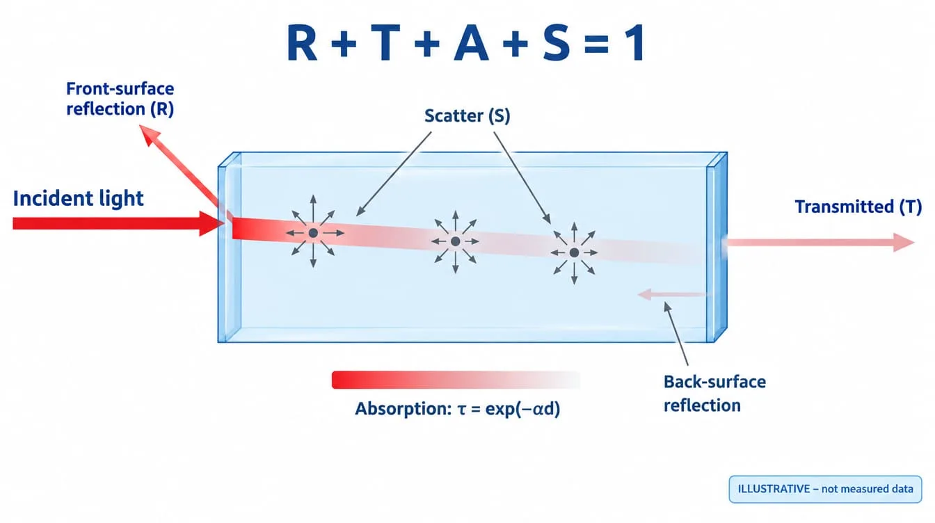Diagram of light at an optical plate split into front-surface reflection, internal absorption, scatter, back-surface reflection and transmitted beam