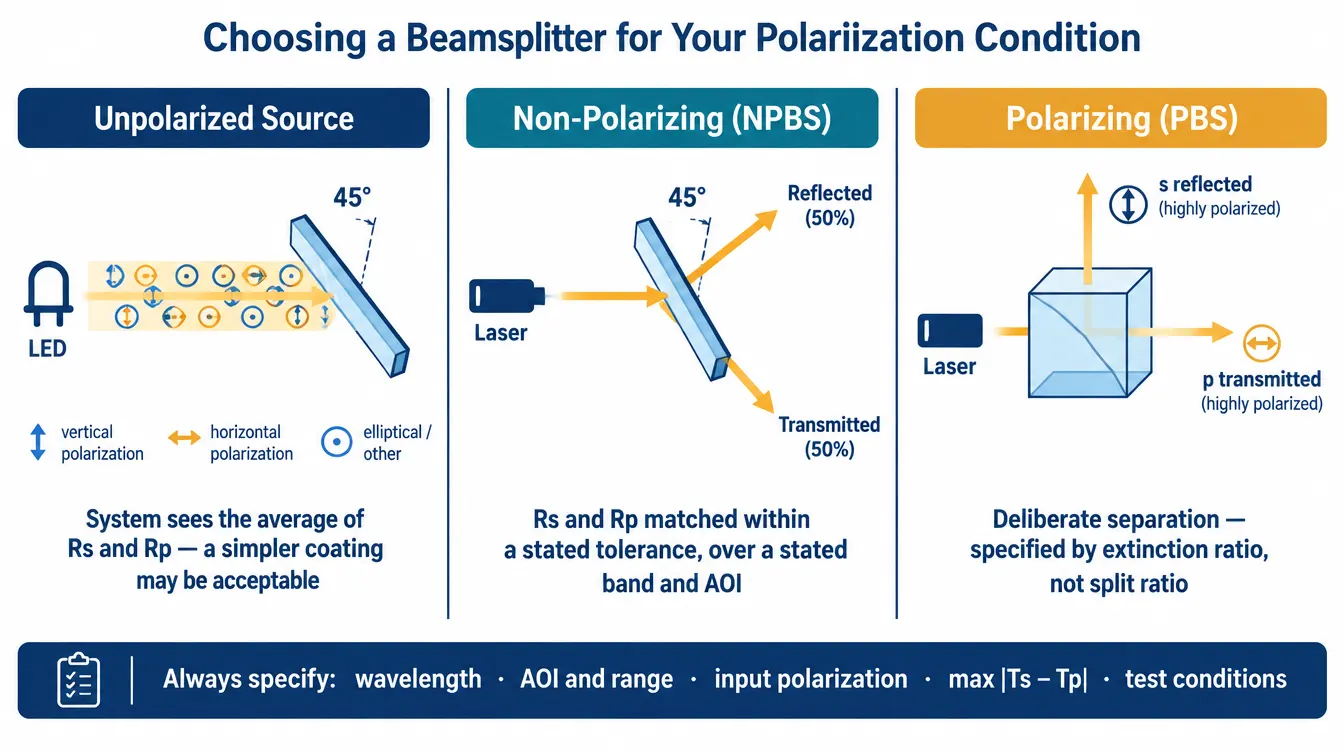 Three-panel comparison showing an unpolarized source with a plate beamsplitter, a non-polarizing beamsplitter with matched Rs and Rp, and a polarizing beamsplitter cube transmitting p and reflecting s