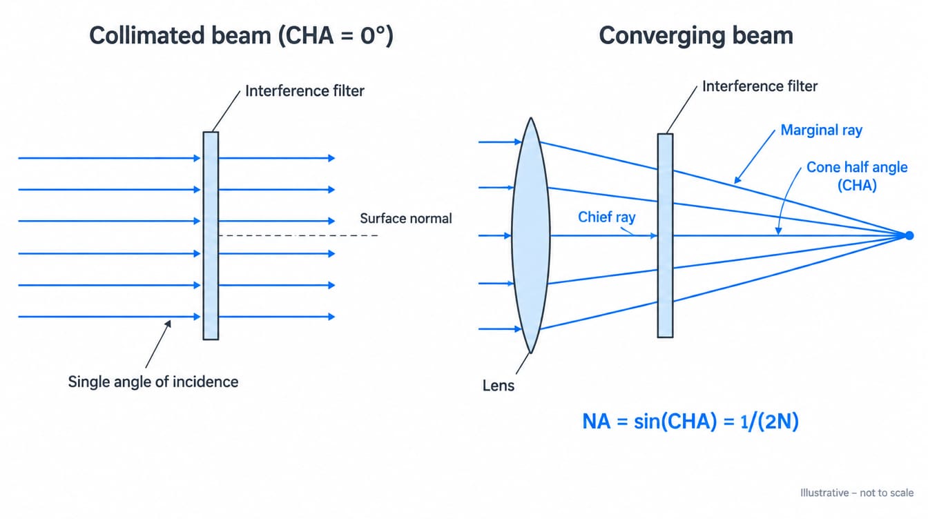 Diagram comparing a collimated beam and a converging beam at an interference filter, with the chief ray, marginal ray and cone half angle labeled