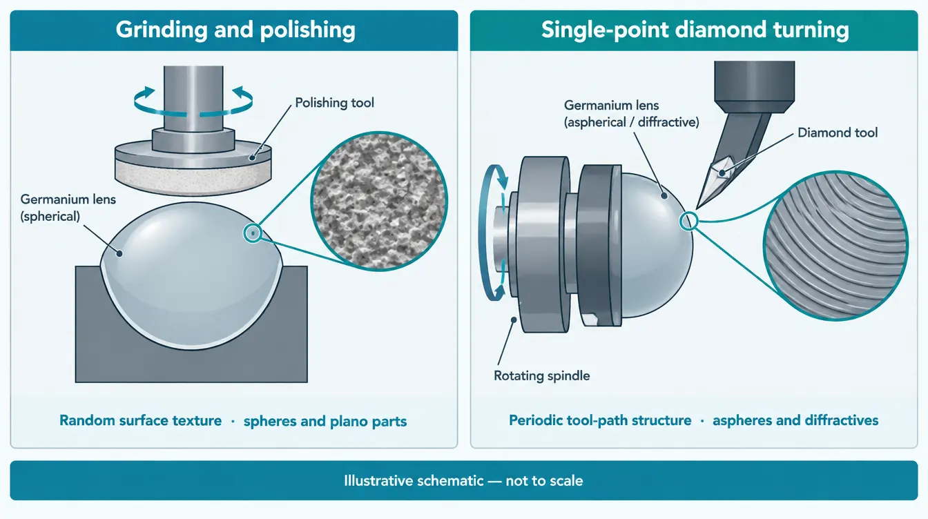 Comparison diagram of grinding and polishing versus single-point diamond turning routes for germanium lens surfaces