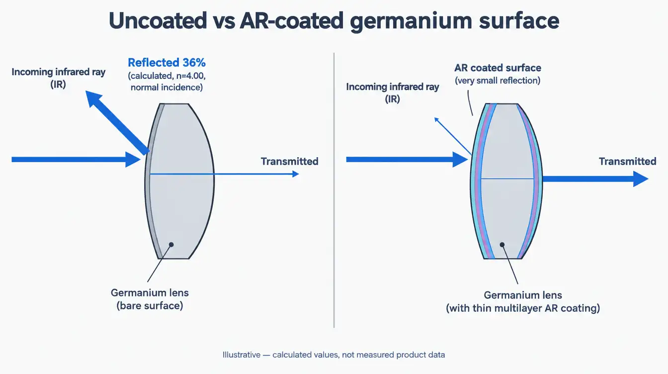 Diagram comparing surface reflection on an uncoated germanium lens and an anti-reflection coated germanium lens in the long-wave infrared