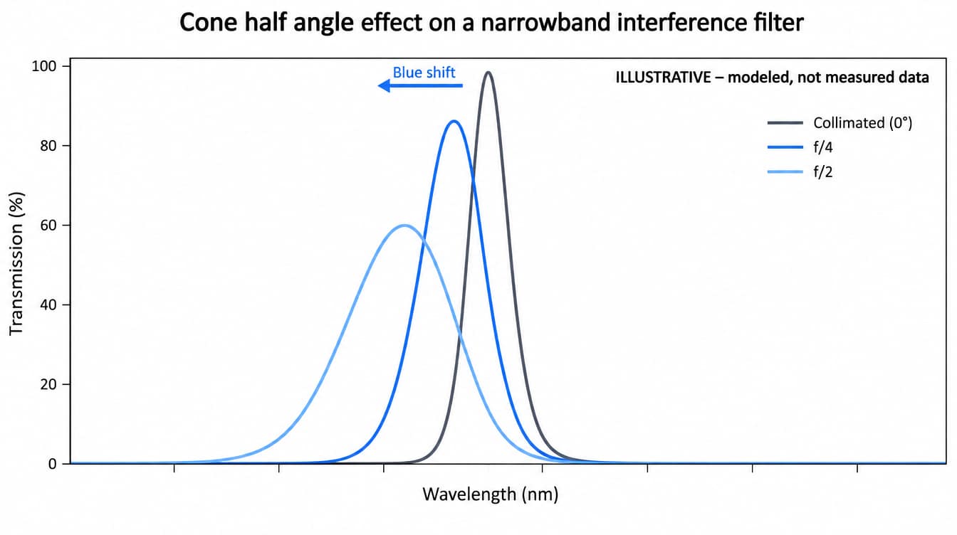 Illustrative transmission curves of a narrowband interference filter in collimated light, at f/4 and at f/2, showing blue shift, broadening and lower peak transmission