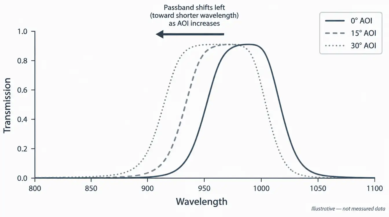 Illustrative diagram showing infrared filter passband shifting to shorter wavelength as angle of incidence increases