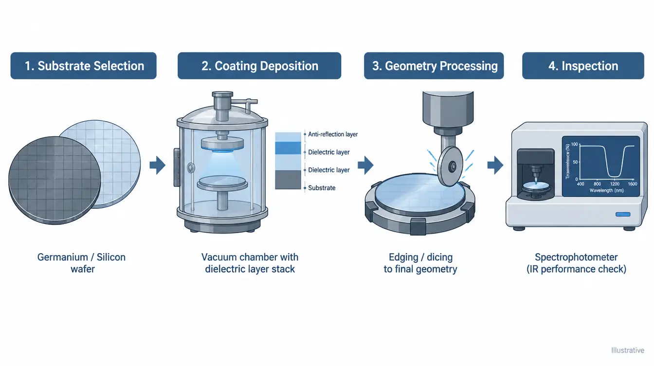 Illustrative diagram of infrared filter manufacturing process from substrate to inspection