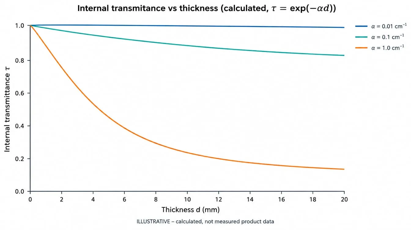 Calculated curves of internal transmittance versus thickness for absorption coefficients of 0.01, 0.1 and 1.0 per centimeter