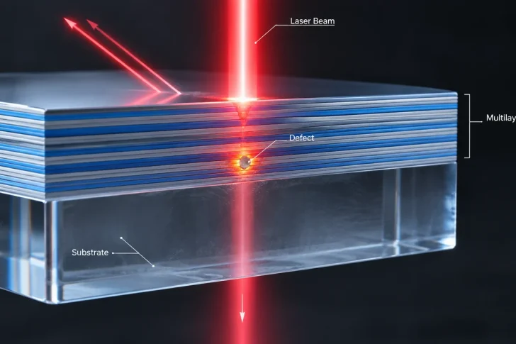 laser beam interacting with a multilayer optical coating showing a localized defect related to laser damage threshold laser beam interacting with a multilayer optical coating showing a localized defect related to laser damage threshold