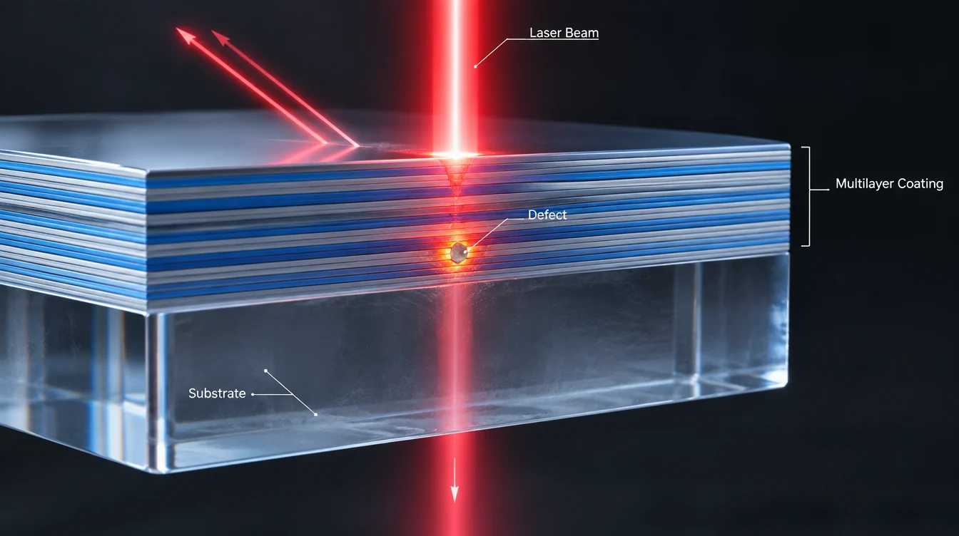 laser beam interacting with a multilayer optical coating showing a localized defect related to laser damage threshold laser beam interacting with a multilayer optical coating showing a localized defect related to laser damage threshold