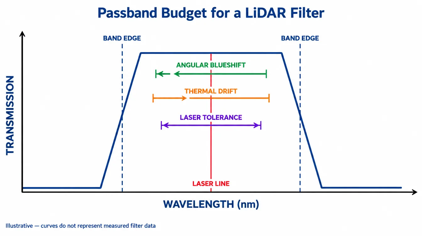 Illustrative diagram showing a filter passband with angular blueshift, thermal red shift and laser tolerance stacked inside the available bandwidth
