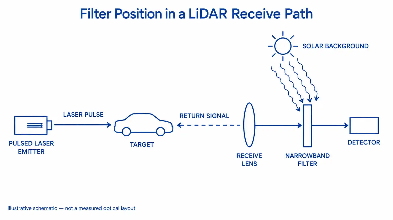 Schematic of a LiDAR receiver showing laser return and solar background passing through a receive lens and narrowband filter onto the detector