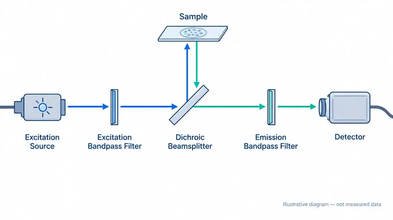 Illustrative diagram of an excitation filter, dichroic beamsplitter, and emission filter in a fluorescence imaging optical path