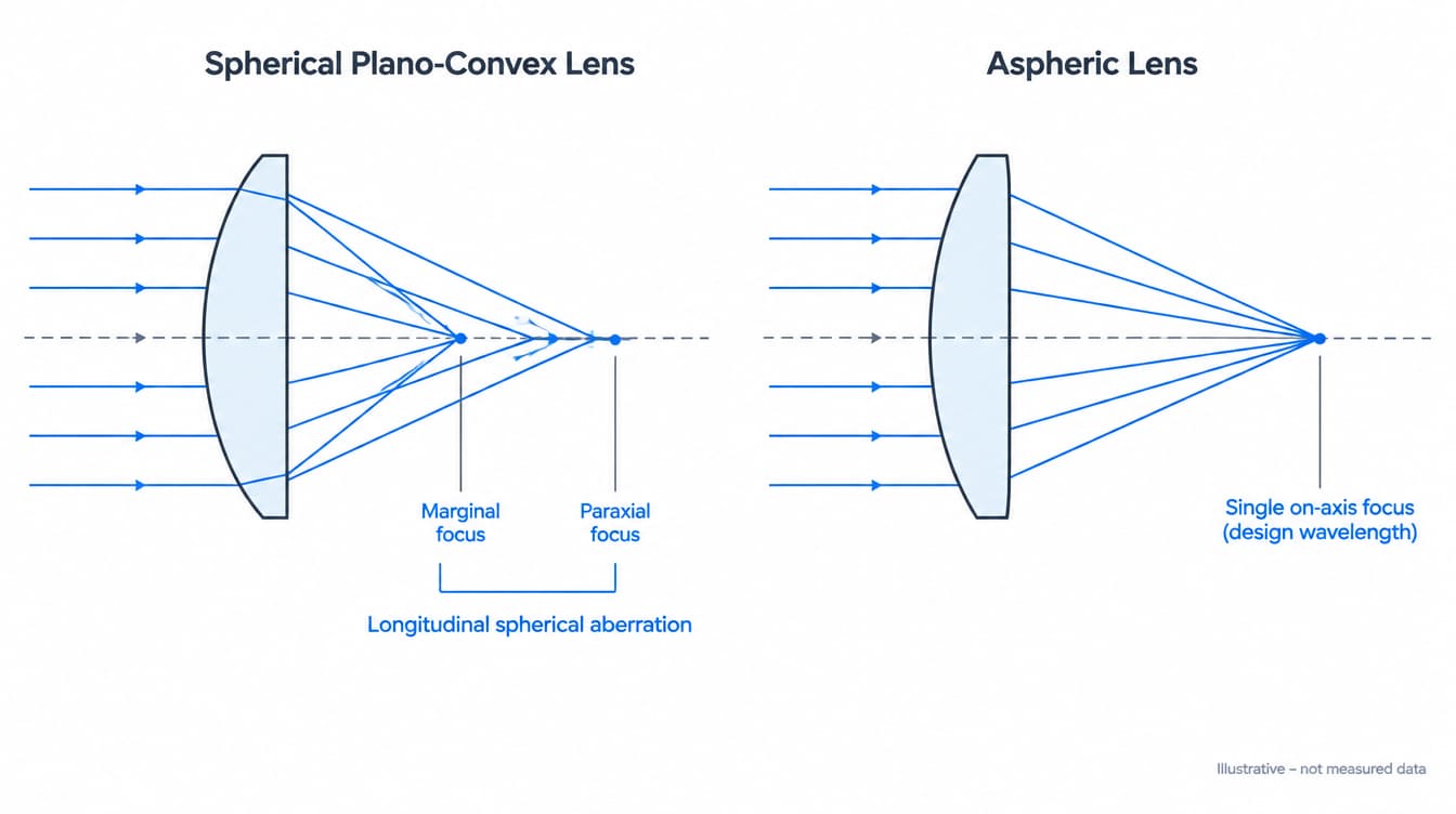 plano convex vs aspheric ray focus illustrative