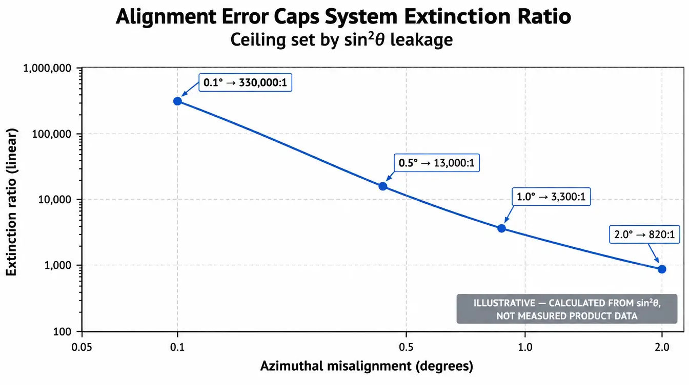 Chart showing how azimuthal misalignment between polarization elements caps the achievable system extinction ratio