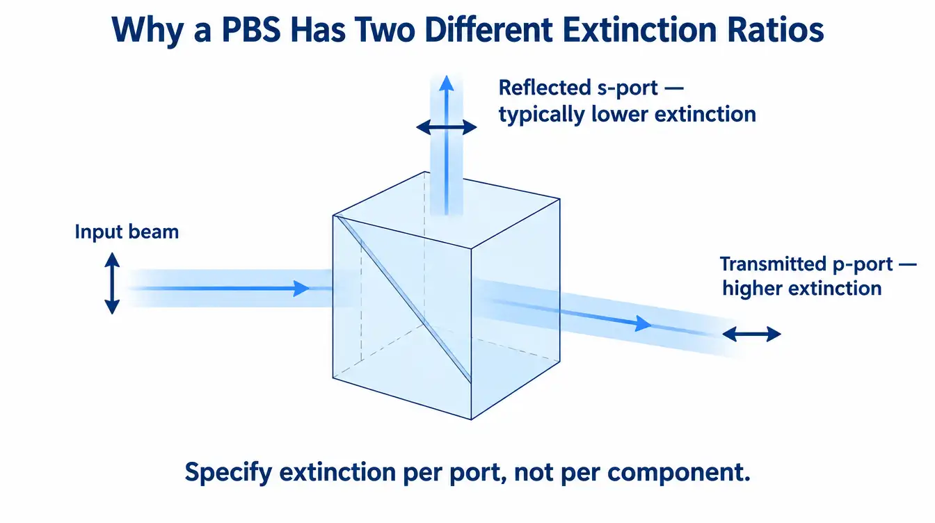 Polarizing beamsplitter cube schematic showing higher extinction at the transmitted p-port and lower extinction at the reflected s-port