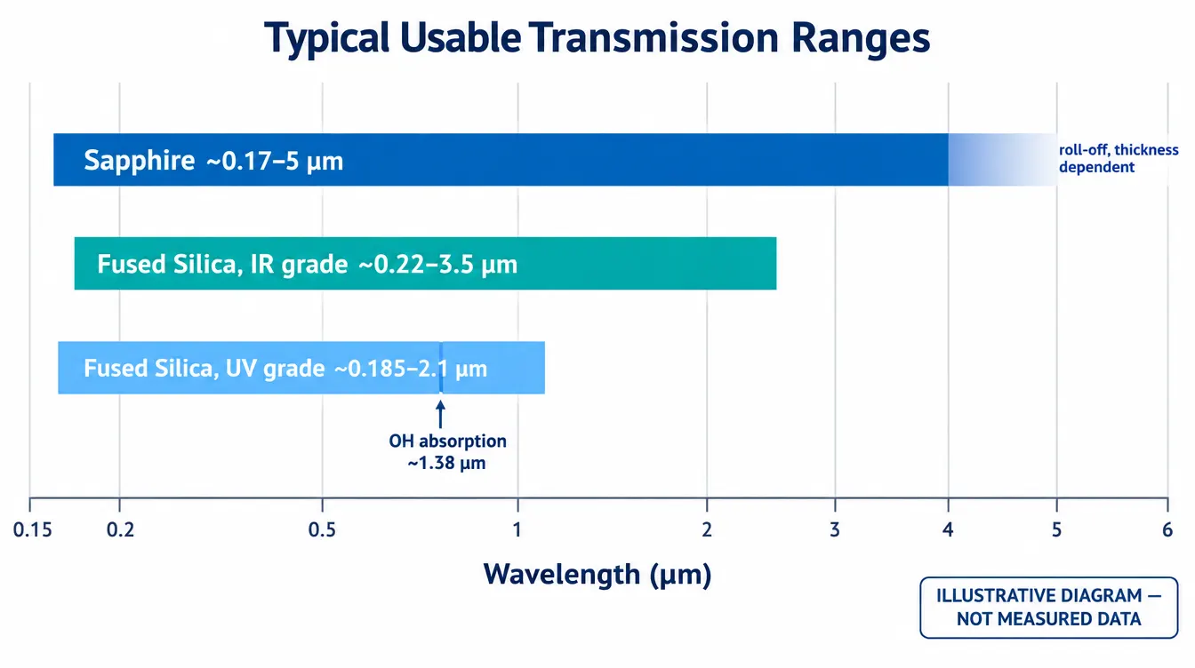 Illustrative chart of typical usable transmission ranges for sapphire, IR-grade fused silica and UV-grade fused silica