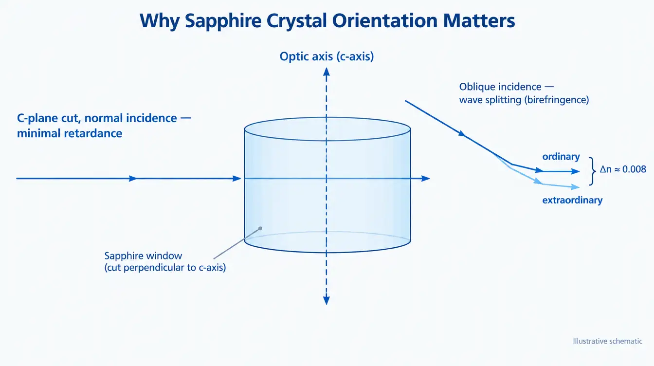 Schematic showing sapphire optic axis, C-plane cut at normal incidence and ray splitting into ordinary and extraordinary components at oblique incidence