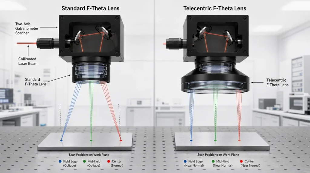telecentric f theta lens vs standard f theta lens