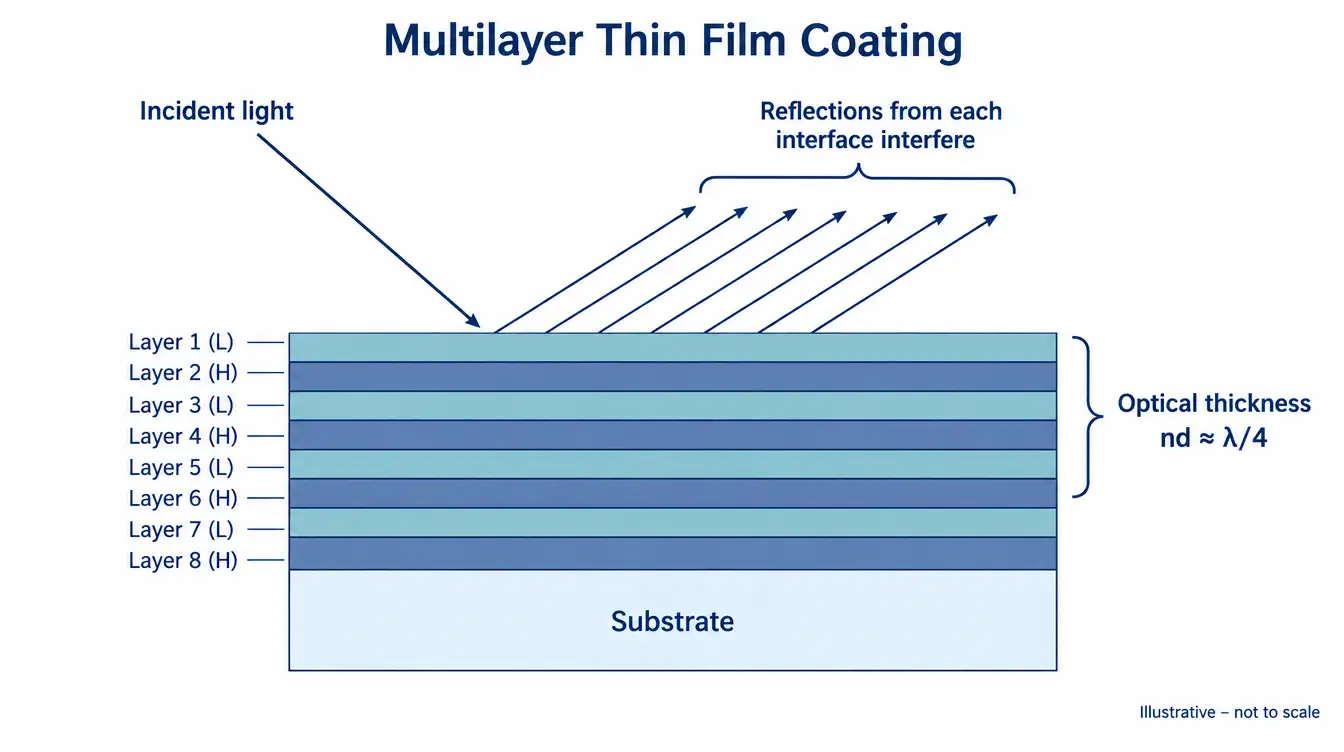 Illustrative cross-section of a multilayer thin film coating with alternating high- and low-index layers on a glass substrate and reflected waves at each interface