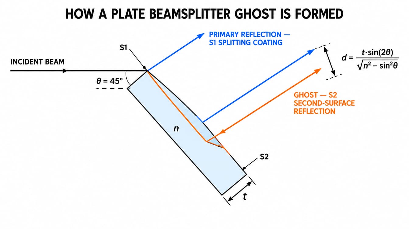 Ray diagram showing how a ghost image forms in a plate beamsplitter, with the primary reflection from the S1 splitting coating and the displaced second-surface reflection from S2