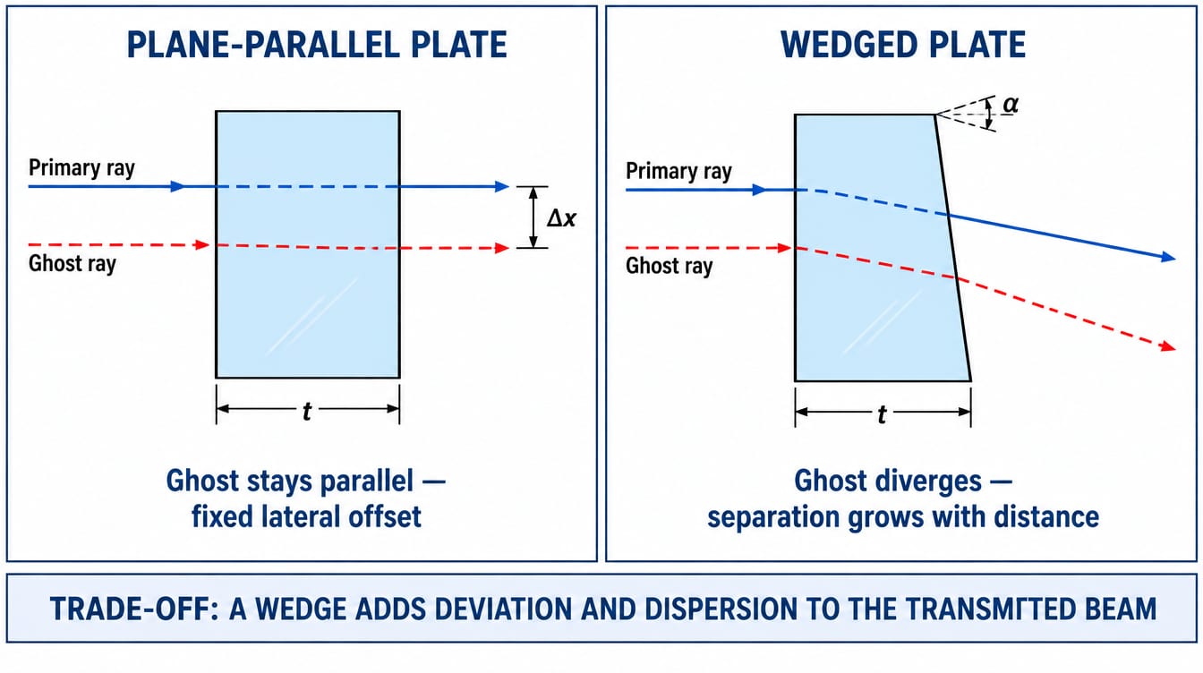 Diagram comparing a plane-parallel beamsplitter plate with a fixed lateral ghost offset against a wedged plate where the ghost diverges with distance