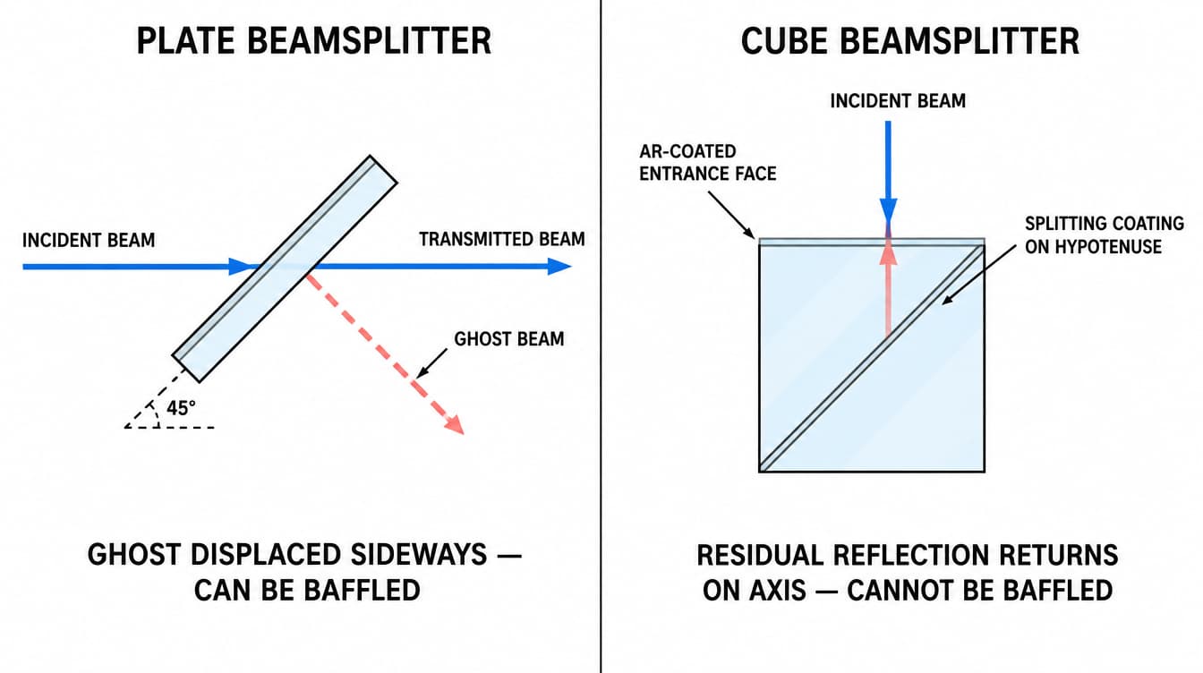 Comparison diagram of a plate beamsplitter ghost displaced sideways and a cube beamsplitter residual reflection returning along the optical axis