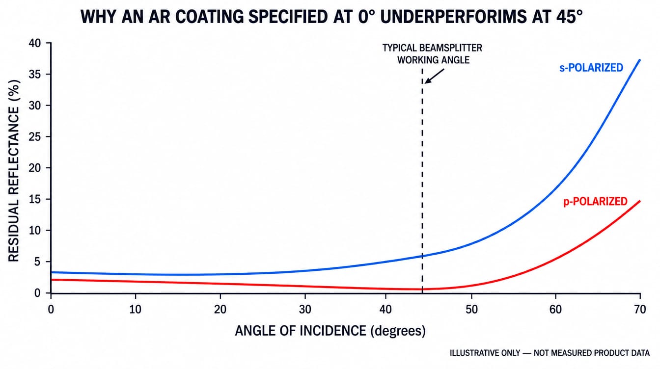 Illustrative chart of residual reflectance versus angle of incidence for s-polarized and p-polarized light, marking the typical 45 degree beamsplitter working angle