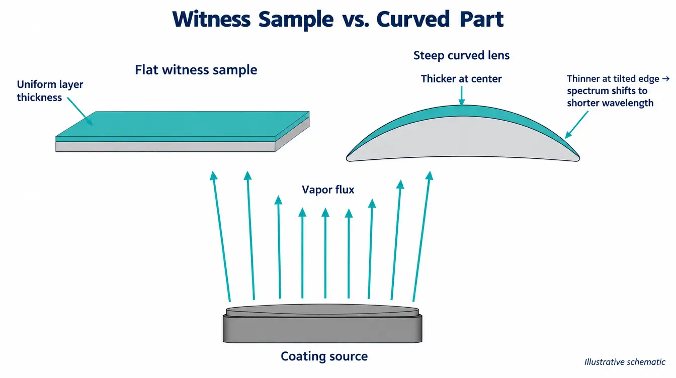 Illustrative diagram comparing uniform coating on a flat witness sample with thinner coating toward the edge of a steeply curved lens