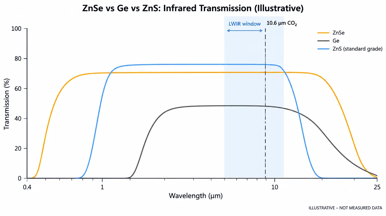 Illustrative transmission curves of uncoated ZnSe, germanium and zinc sulfide from visible to long-wave infrared