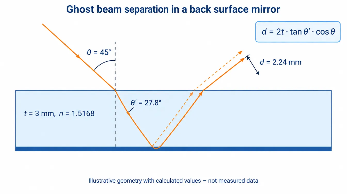 Geometry of ghost beam separation in a 3 mm back surface mirror at 45 degrees angle of incidence showing refraction angle and 2.24 mm offset