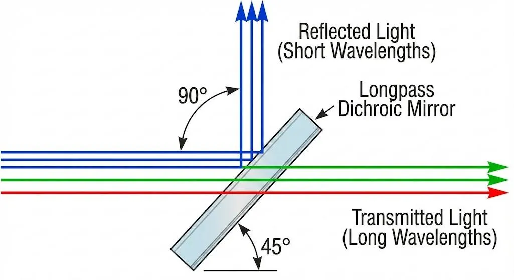 dichroic filter separating reflected and transmitted wavelength bands at 45 degrees