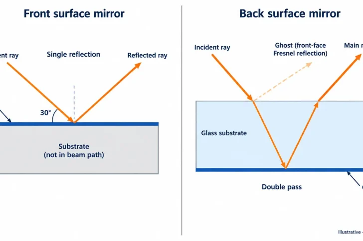 front surface vs back surface mirror ray path
