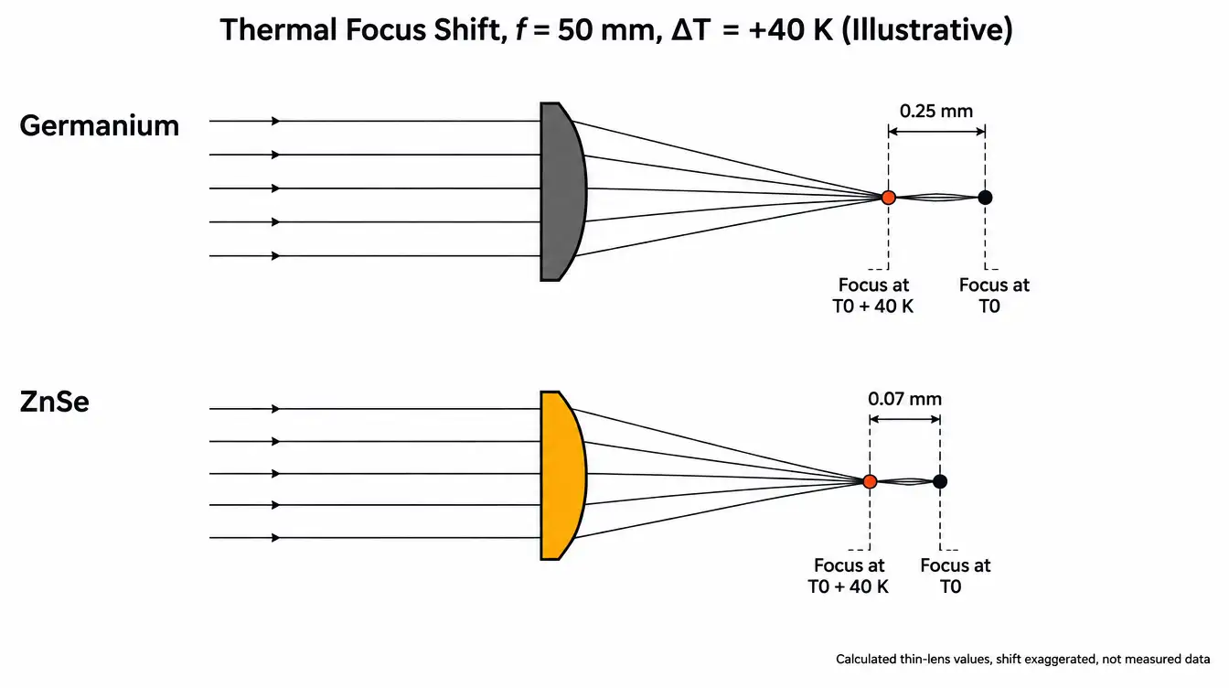 Illustrative diagram of thermal focus shift for a 50 mm germanium lens and a 50 mm ZnSe lens after a 40 K temperature rise