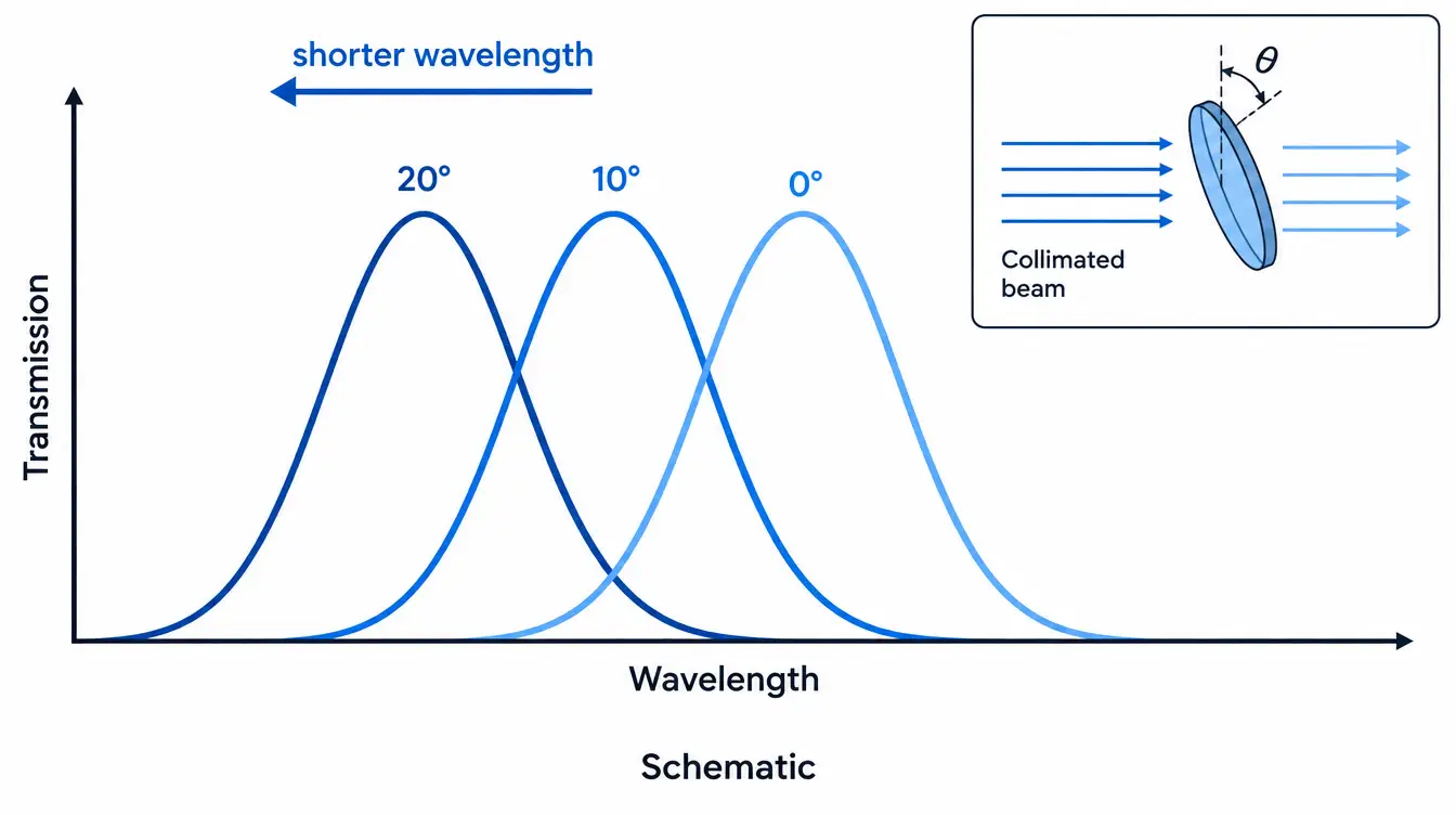Schematic of an interference bandpass filter shifting to shorter wavelengths as the angle of incidence increases