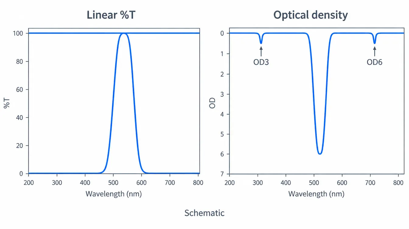 Schematic comparison of filter blocking shown on a linear transmission axis and an optical density axis