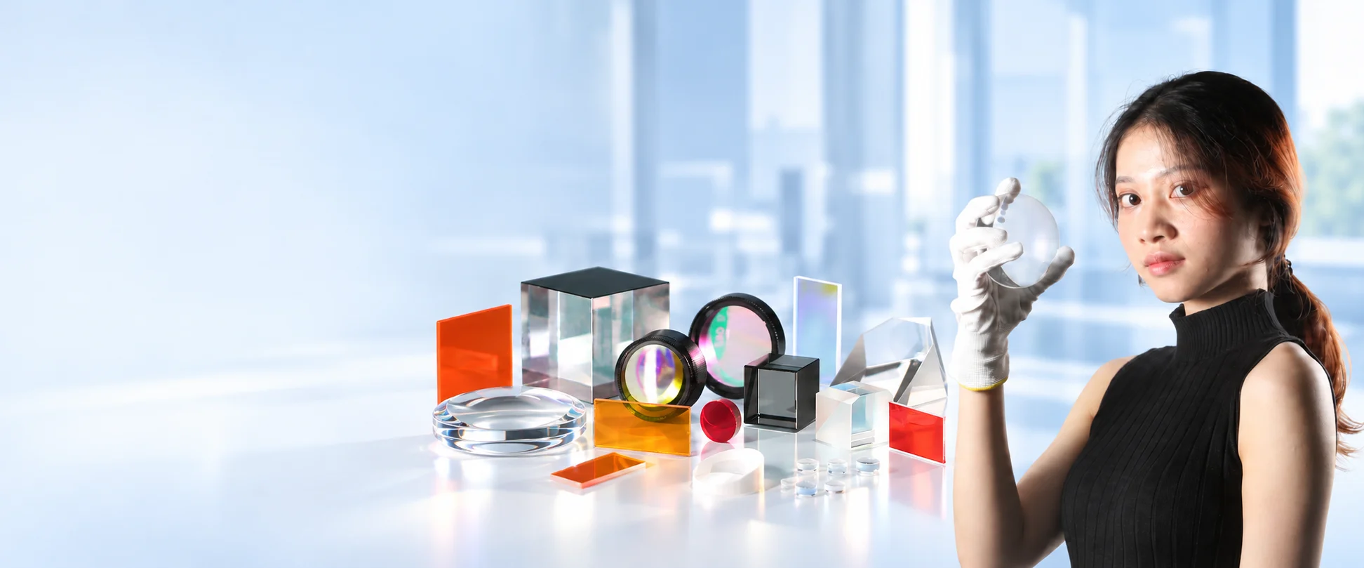 GIAI Photonics precision optical components with a gloved optical inspection specialist