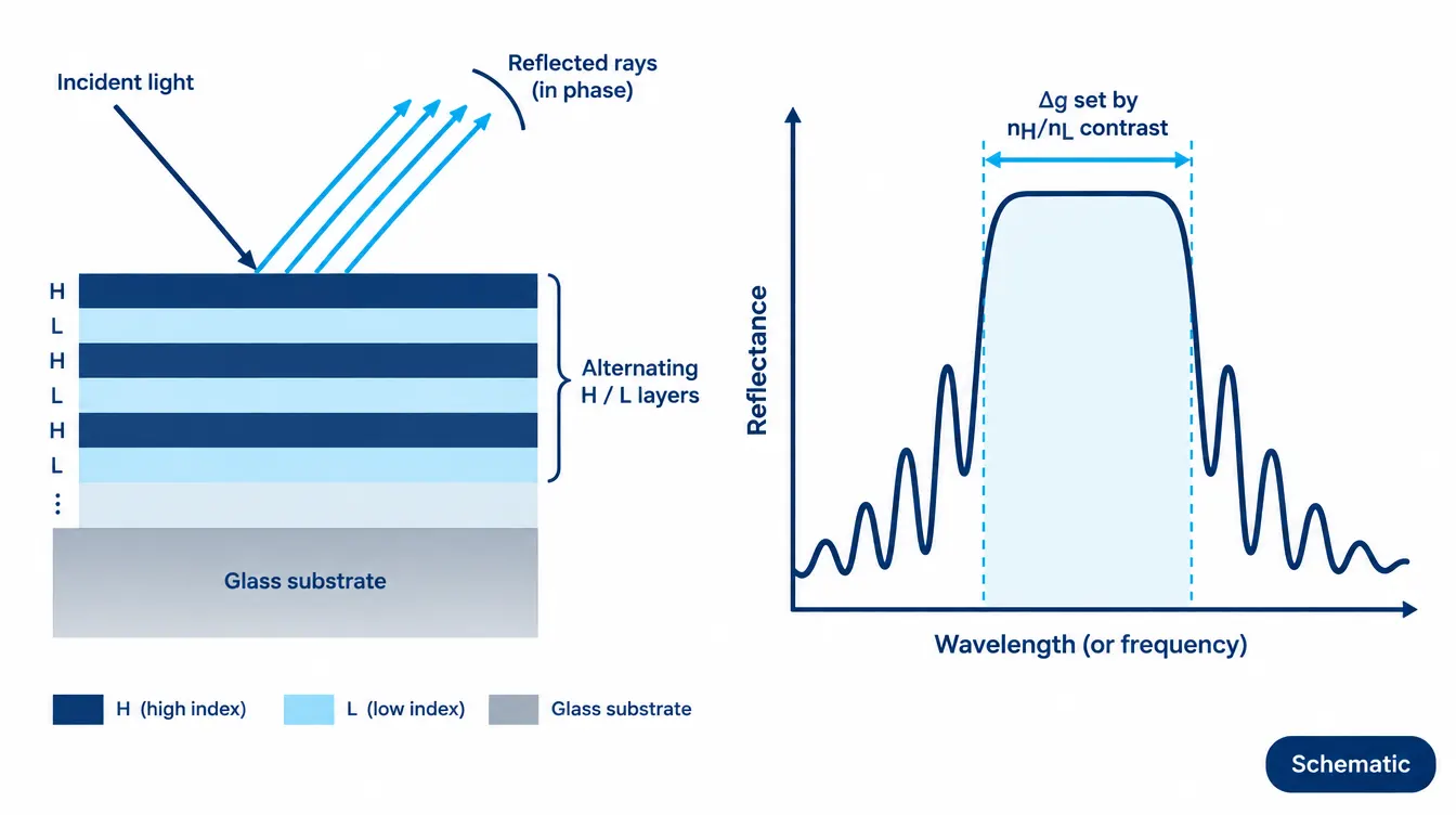 Schematic of a quarter-wave stack dielectric mirror and its high-reflectance band