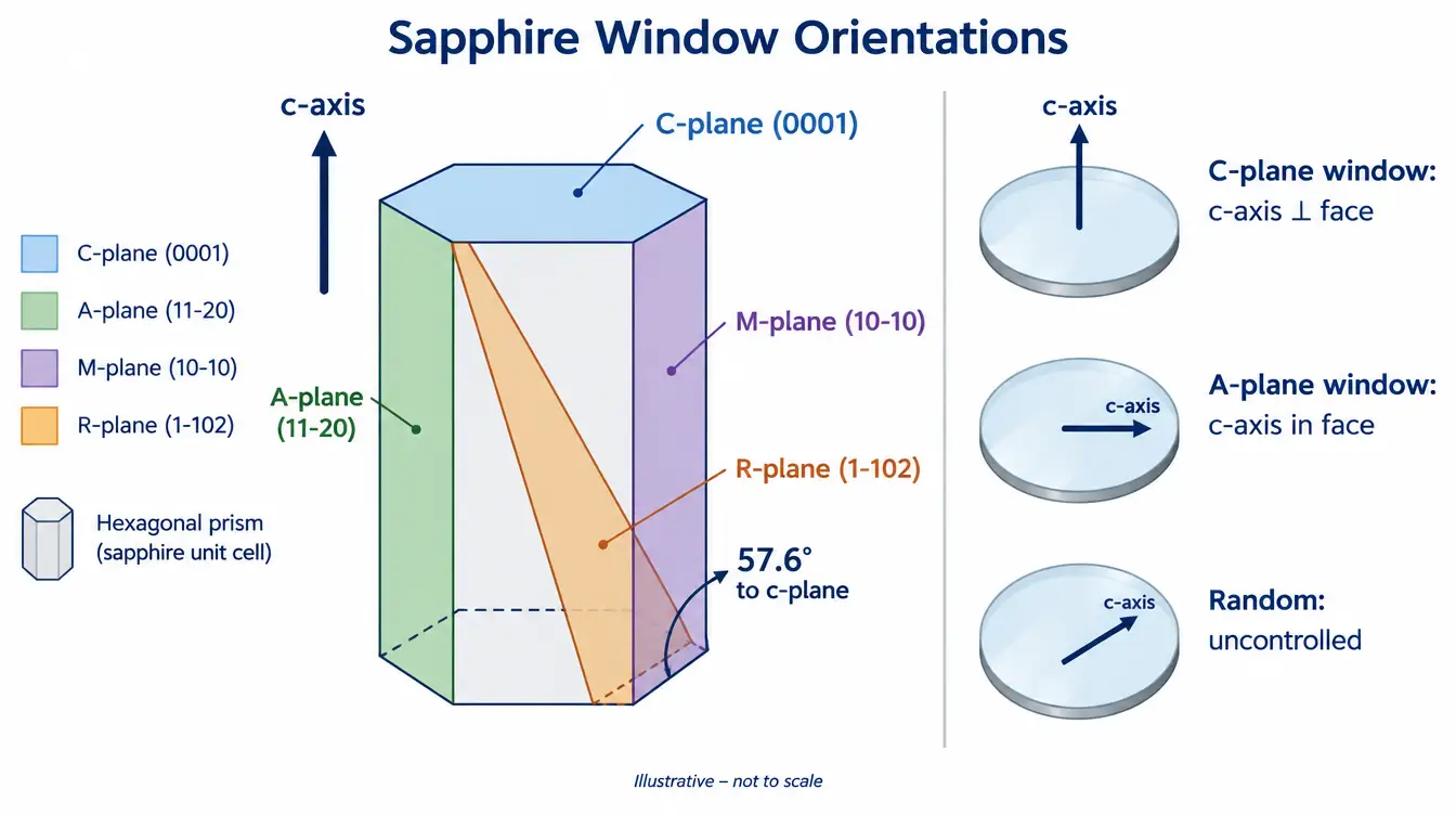 Illustrative diagram of the sapphire hexagonal unit cell showing C-plane, A-plane, M-plane and R-plane window cuts relative to the c-axis
