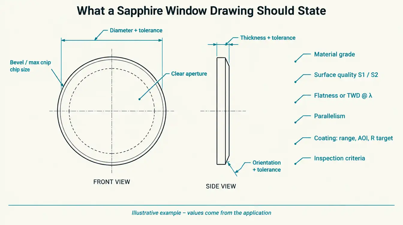 Illustrative drawing of a round sapphire window annotated with the specification items needed for a quotation