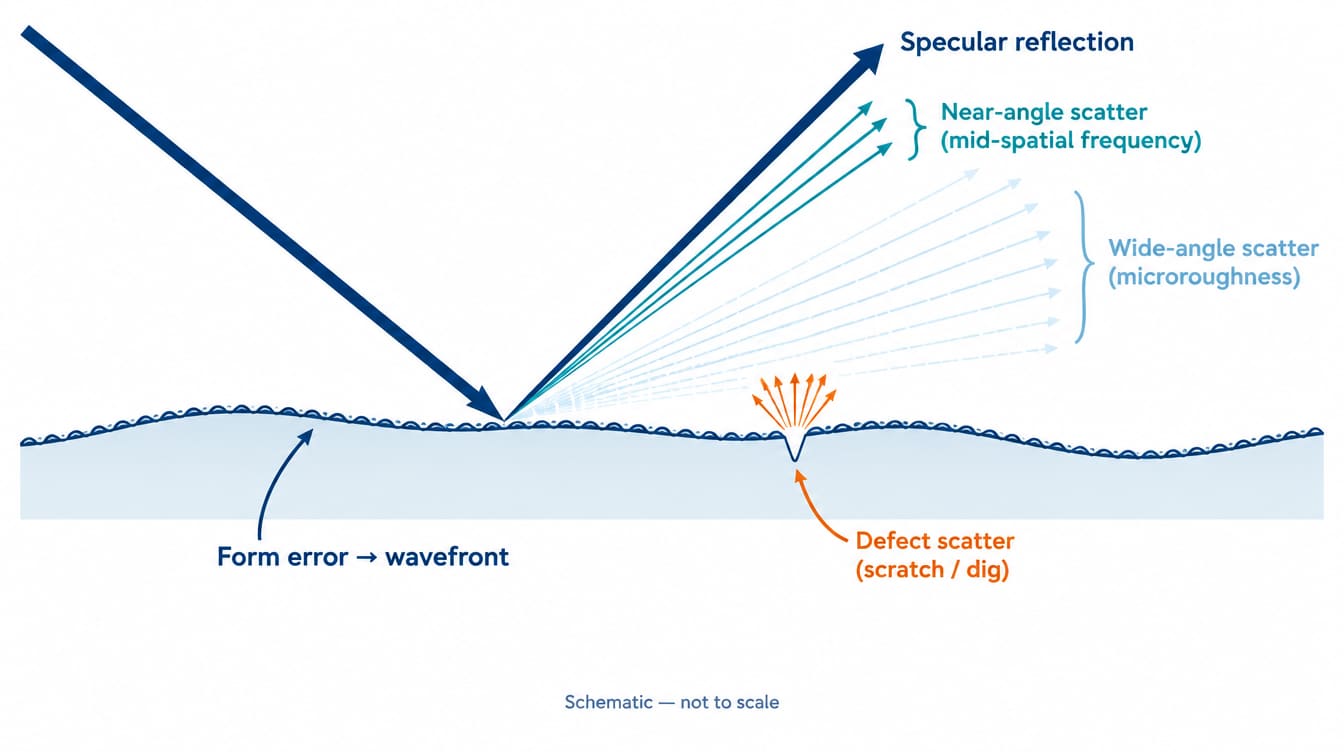 Schematic showing that longer surface ripple periods scatter light at small angles and shorter periods scatter at larger angles