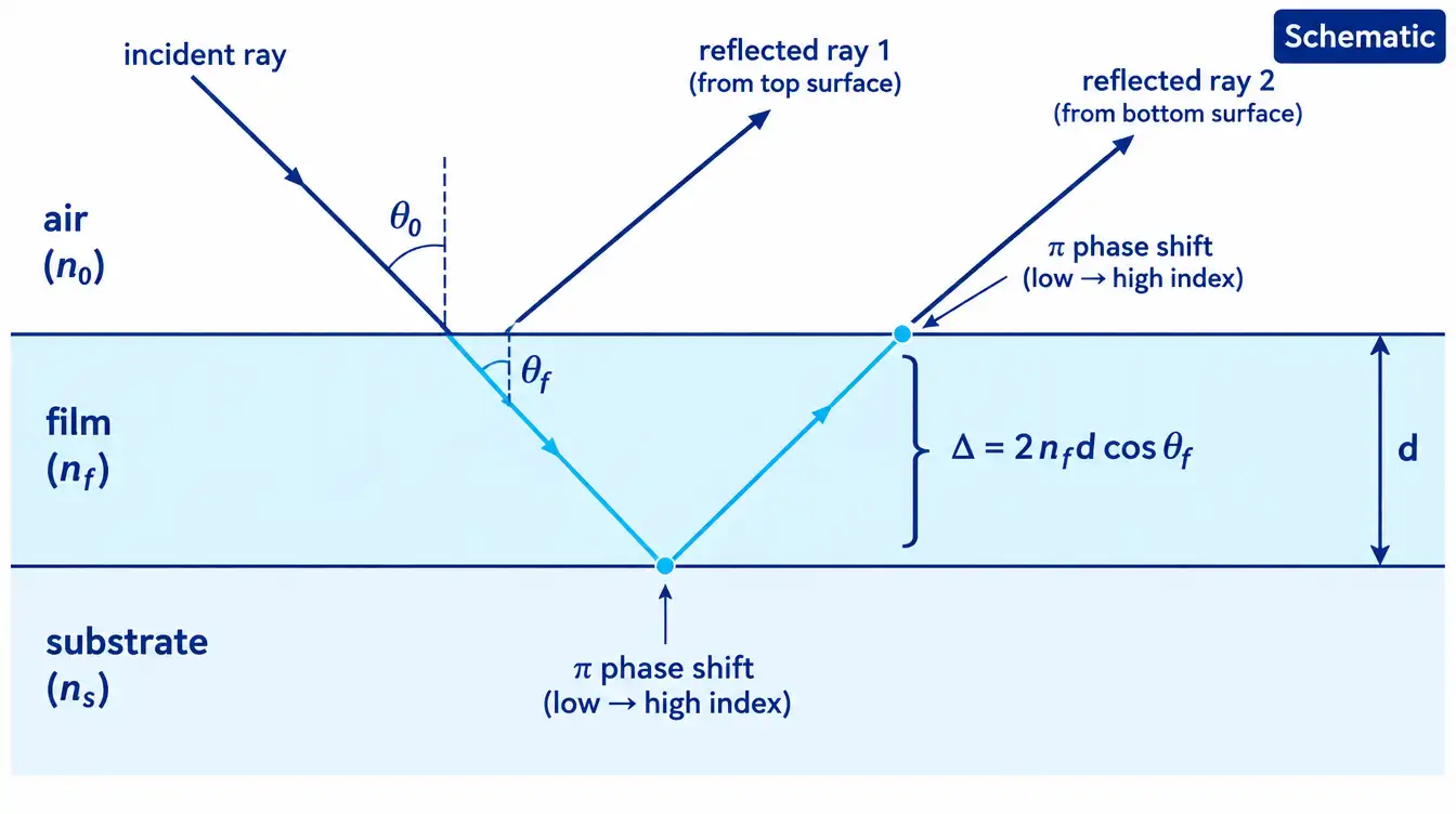 Optical path difference 2 n d cos θ between the two reflected beams in a thin film